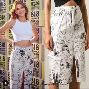 Vintage John Galliano Skirt Denim Pencil Sketches Printed Kendall Jenner Owned